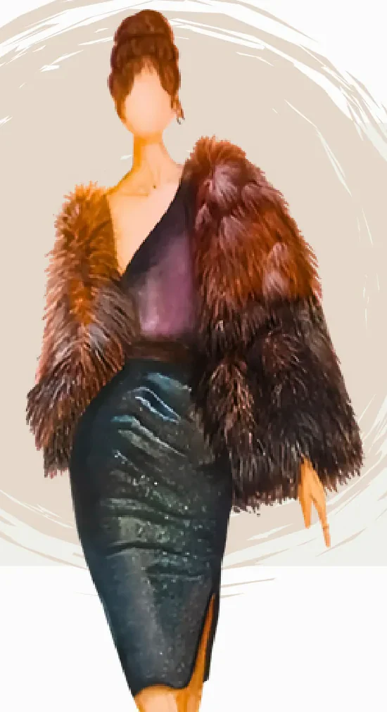Fashion illustration in a dark asymmetric top, textured brown jacket and fitted skirt